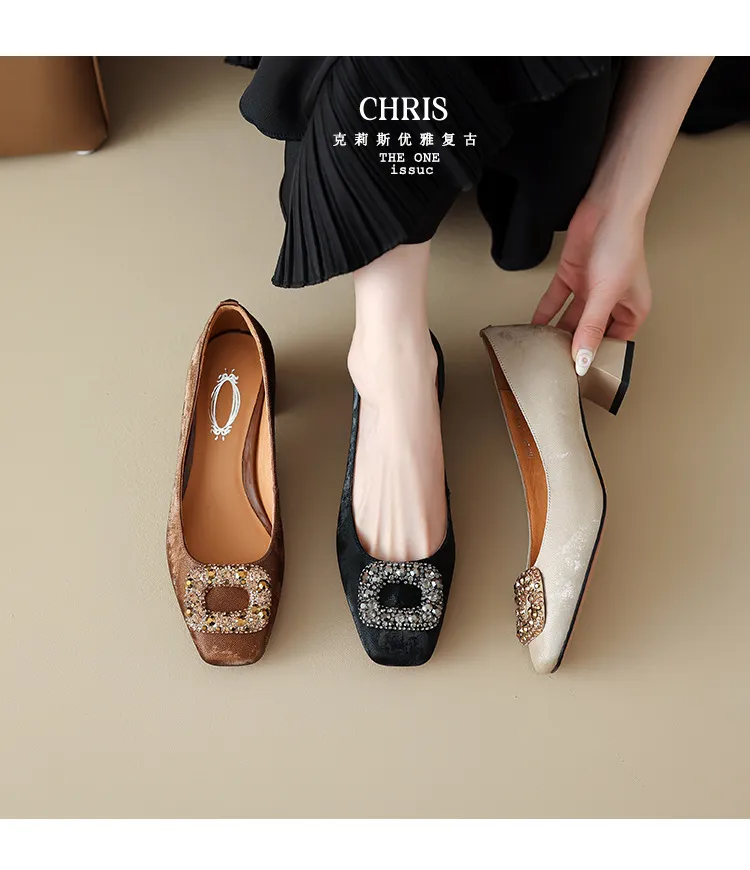 Spring and Autumn Low-Cut Square Toe Chunky Heel High Heel Rhinestone Square Buckle Cowhide Women's Shoes