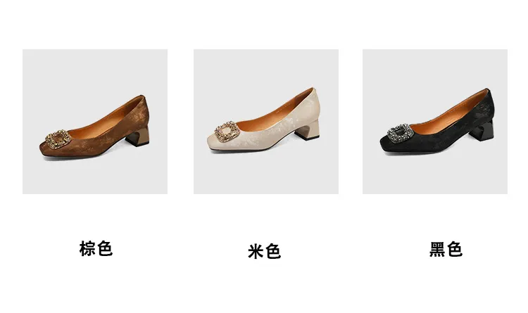 Spring and Autumn Low-Cut Square Toe Chunky Heel High Heel Rhinestone Square Buckle Cowhide Women's Shoes