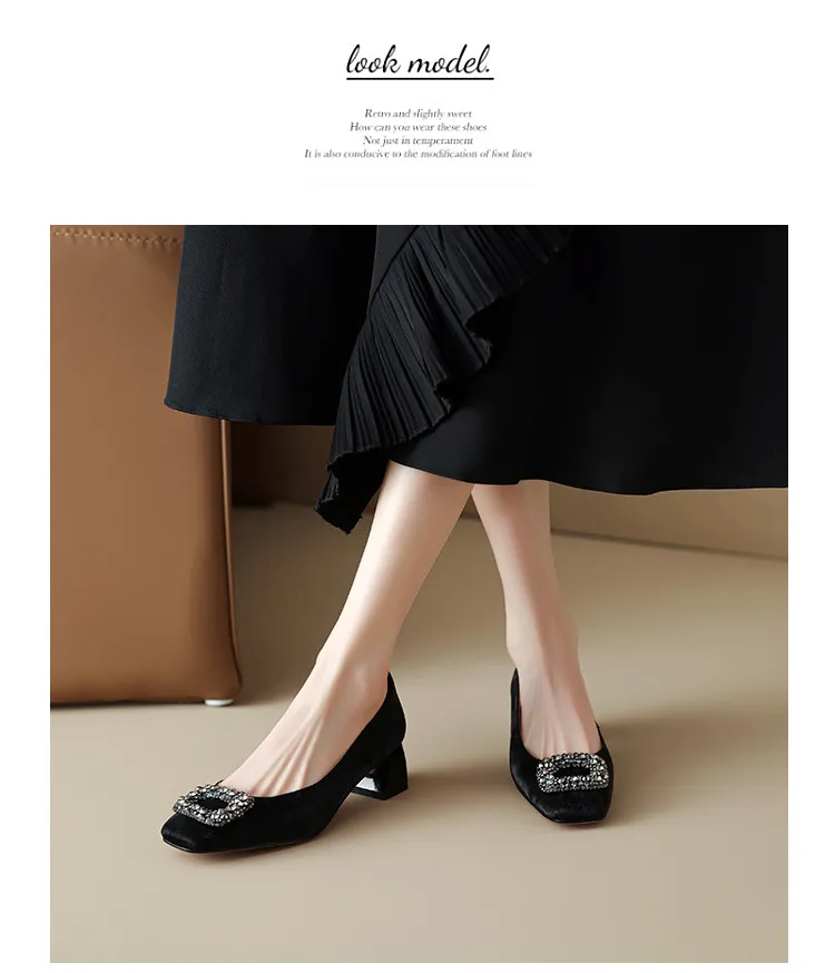Spring and Autumn Low-Cut Square Toe Chunky Heel High Heel Rhinestone Square Buckle Cowhide Women's Shoes