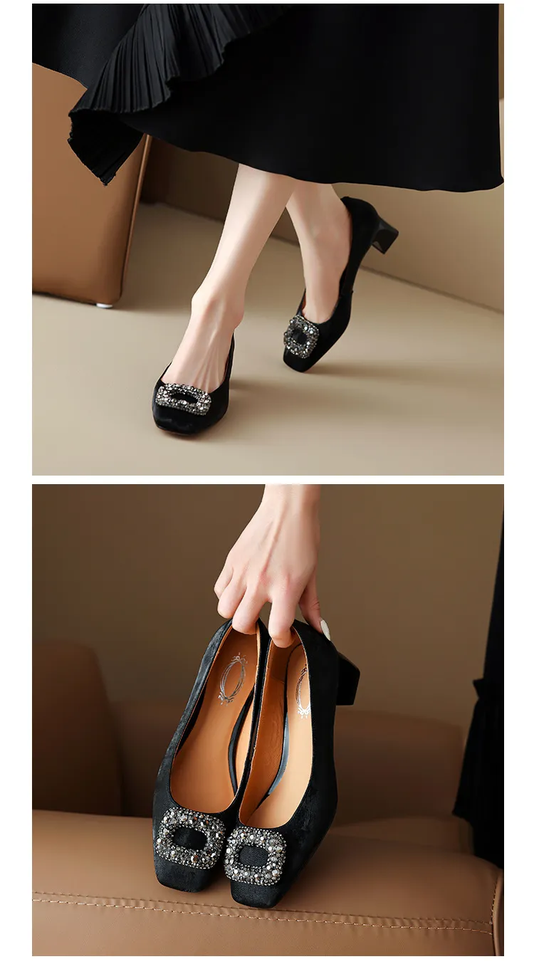 Spring and Autumn Low-Cut Square Toe Chunky Heel High Heel Rhinestone Square Buckle Cowhide Women's Shoes