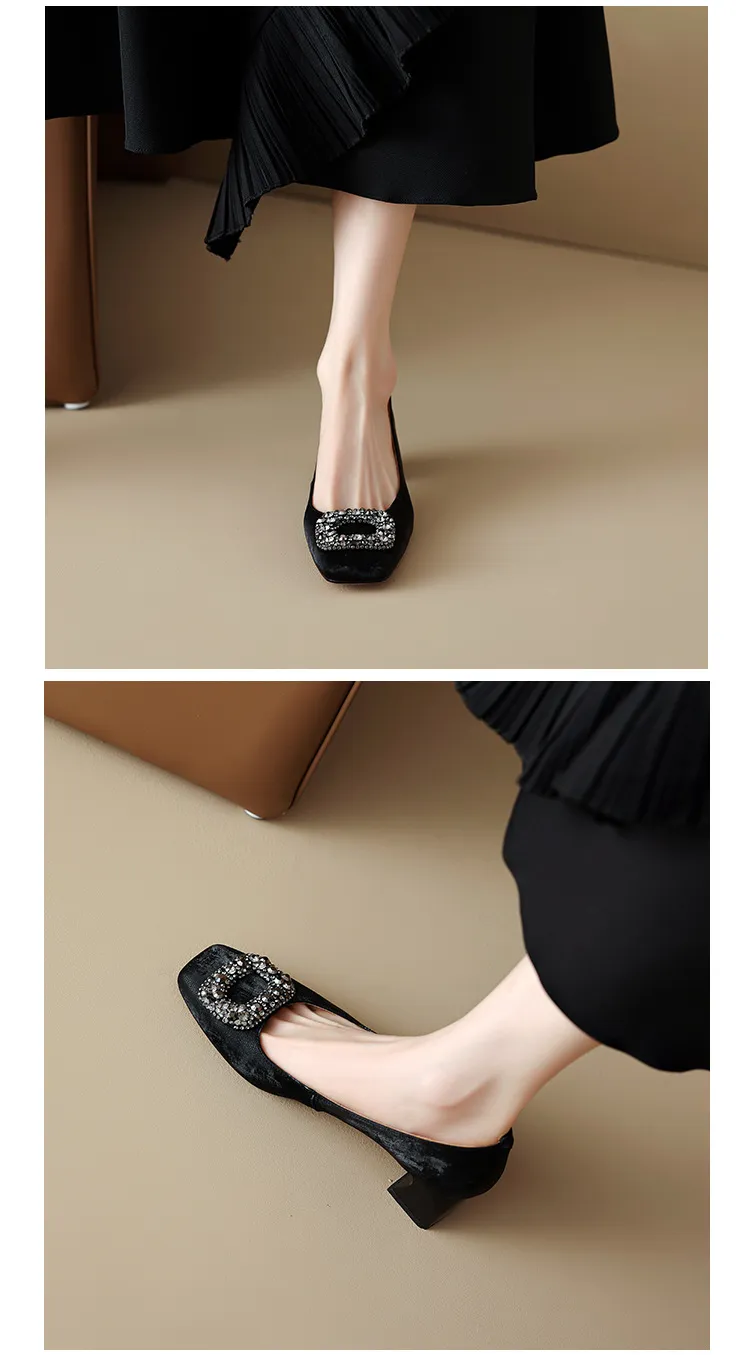 Spring and Autumn Low-Cut Square Toe Chunky Heel High Heel Rhinestone Square Buckle Cowhide Women's Shoes