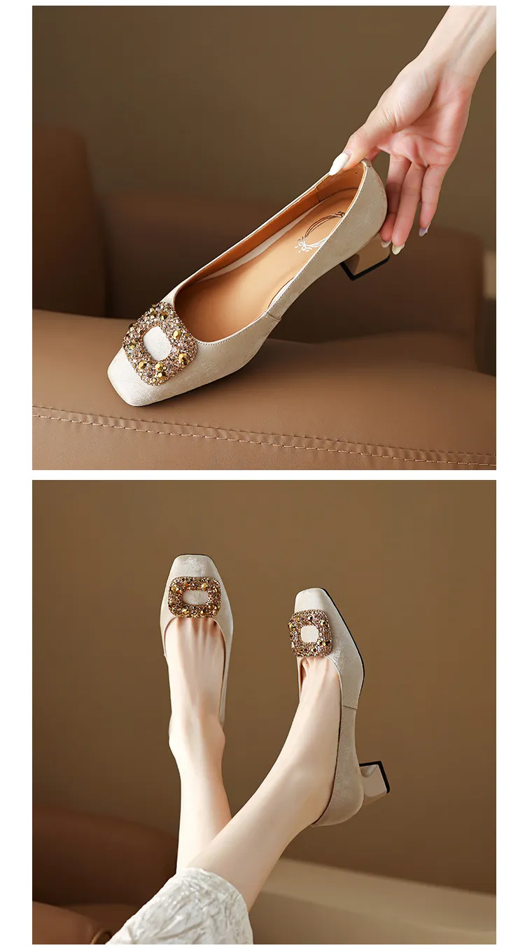 Spring and Autumn Low-Cut Square Toe Chunky Heel High Heel Rhinestone Square Buckle Cowhide Women's Shoes