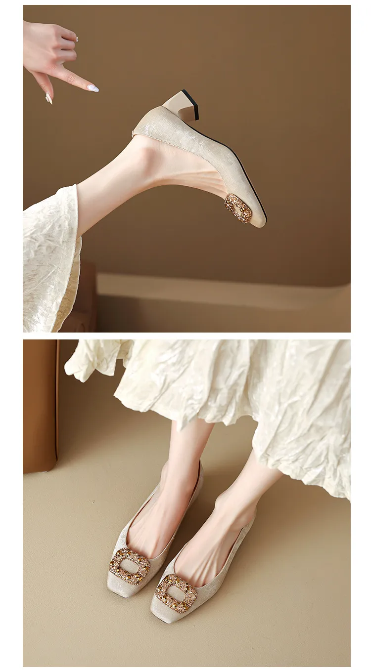 Spring and Autumn Low-Cut Square Toe Chunky Heel High Heel Rhinestone Square Buckle Cowhide Women's Shoes