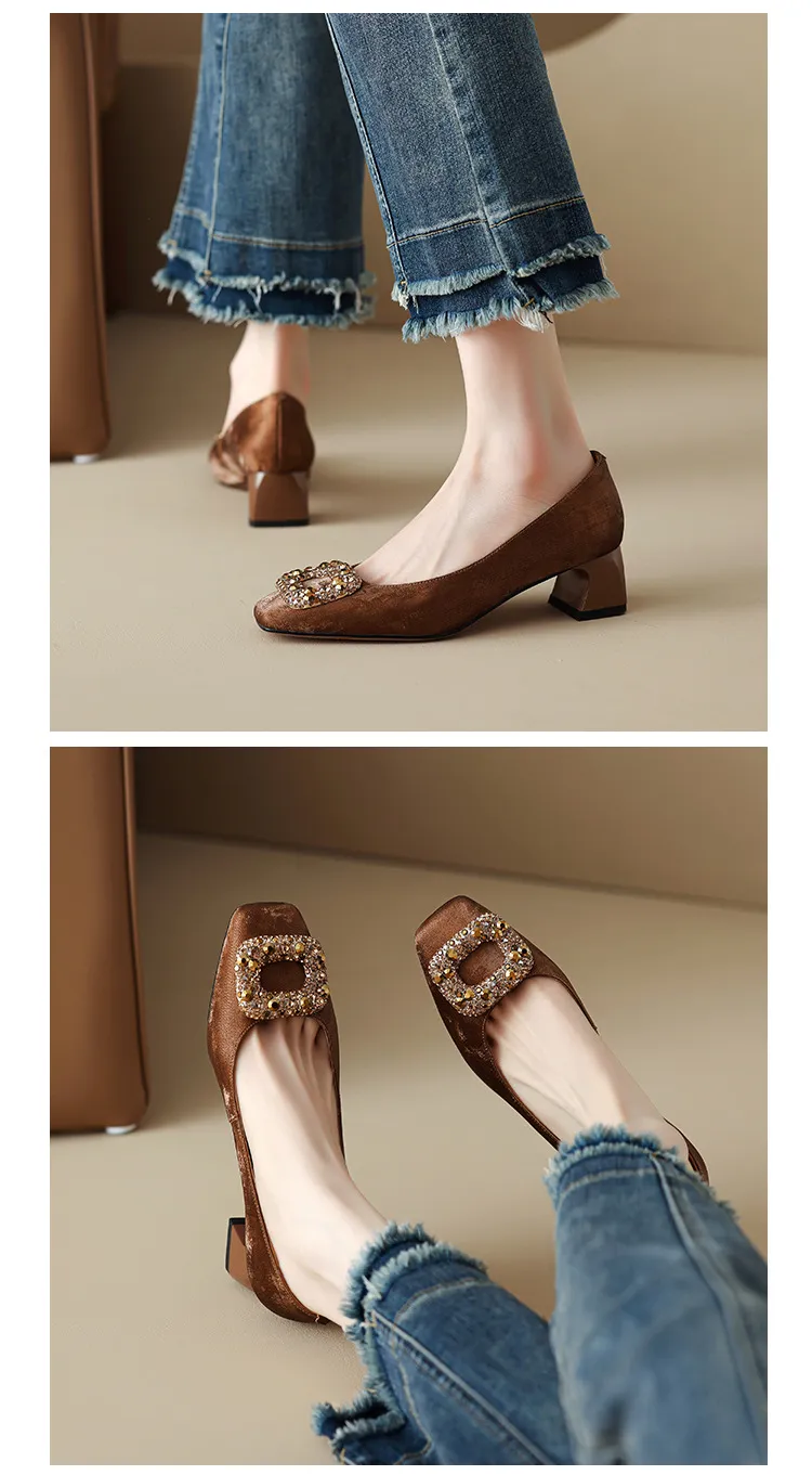 Spring and Autumn Low-Cut Square Toe Chunky Heel High Heel Rhinestone Square Buckle Cowhide Women's Shoes