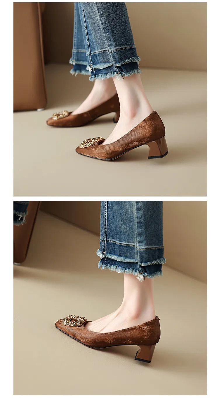 Spring and Autumn Low-Cut Square Toe Chunky Heel High Heel Rhinestone Square Buckle Cowhide Women's Shoes