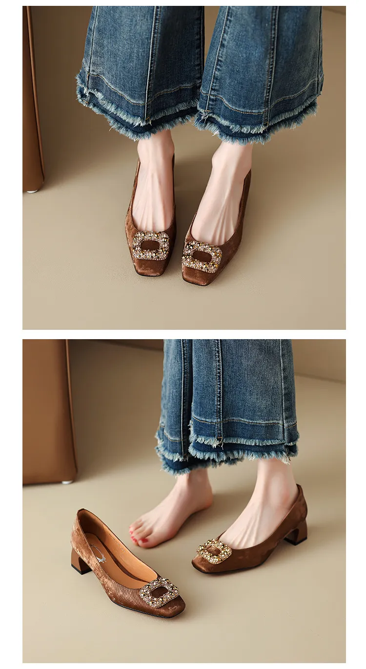 Spring and Autumn Low-Cut Square Toe Chunky Heel High Heel Rhinestone Square Buckle Cowhide Women's Shoes