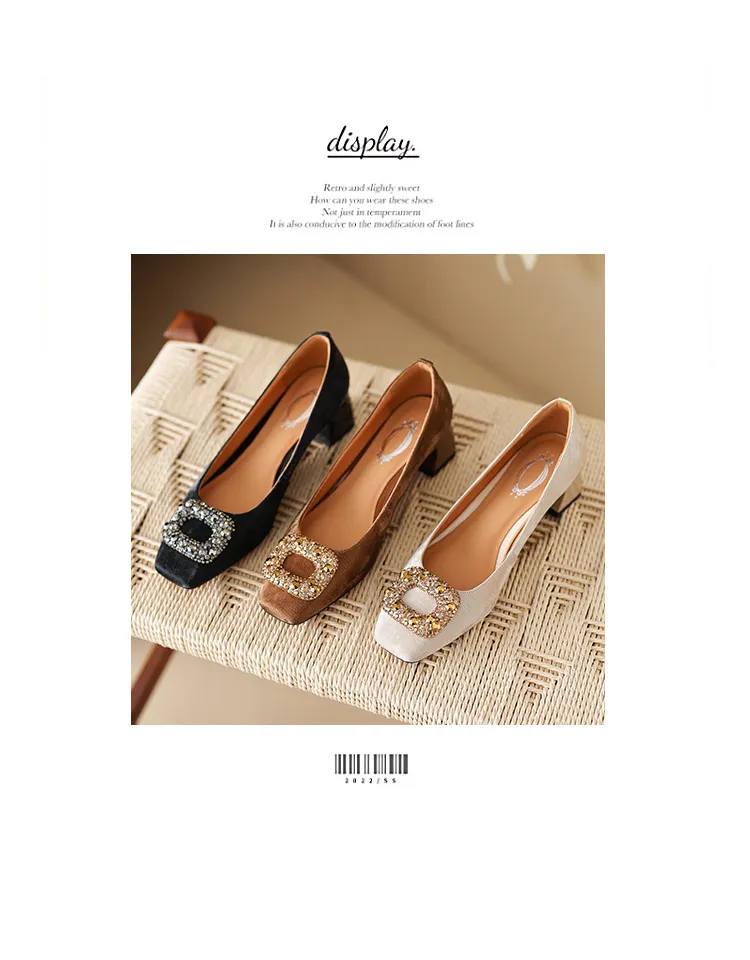 Spring and Autumn Low-Cut Square Toe Chunky Heel High Heel Rhinestone Square Buckle Cowhide Women's Shoes
