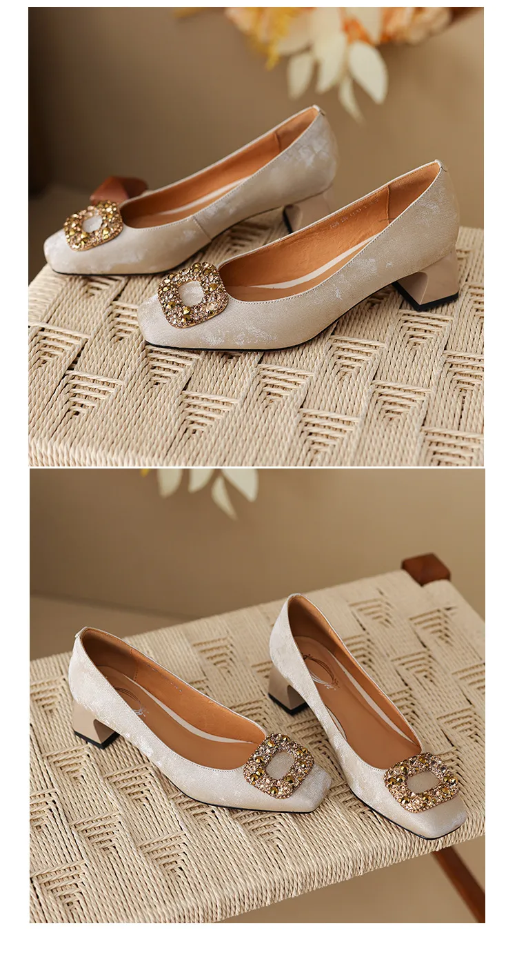 Spring and Autumn Low-Cut Square Toe Chunky Heel High Heel Rhinestone Square Buckle Cowhide Women's Shoes