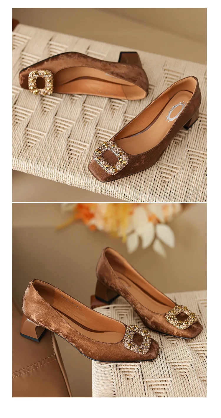 Spring and Autumn Low-Cut Square Toe Chunky Heel High Heel Rhinestone Square Buckle Cowhide Women's Shoes