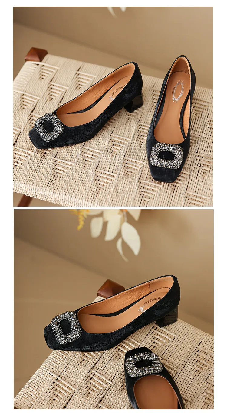 Spring and Autumn Low-Cut Square Toe Chunky Heel High Heel Rhinestone Square Buckle Cowhide Women's Shoes