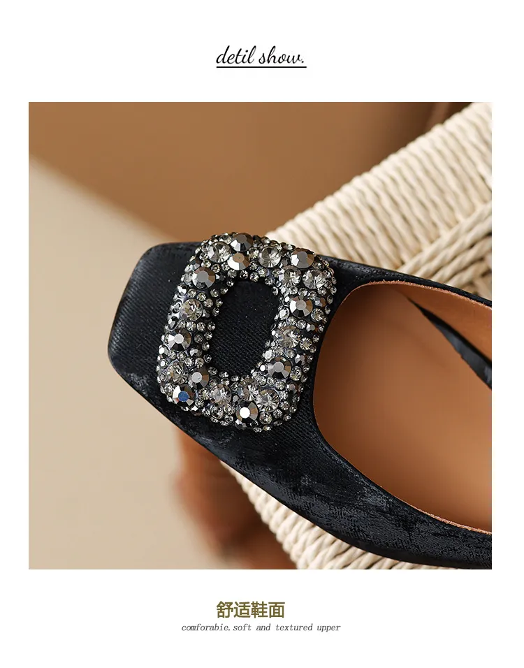 Spring and Autumn Low-Cut Square Toe Chunky Heel High Heel Rhinestone Square Buckle Cowhide Women's Shoes
