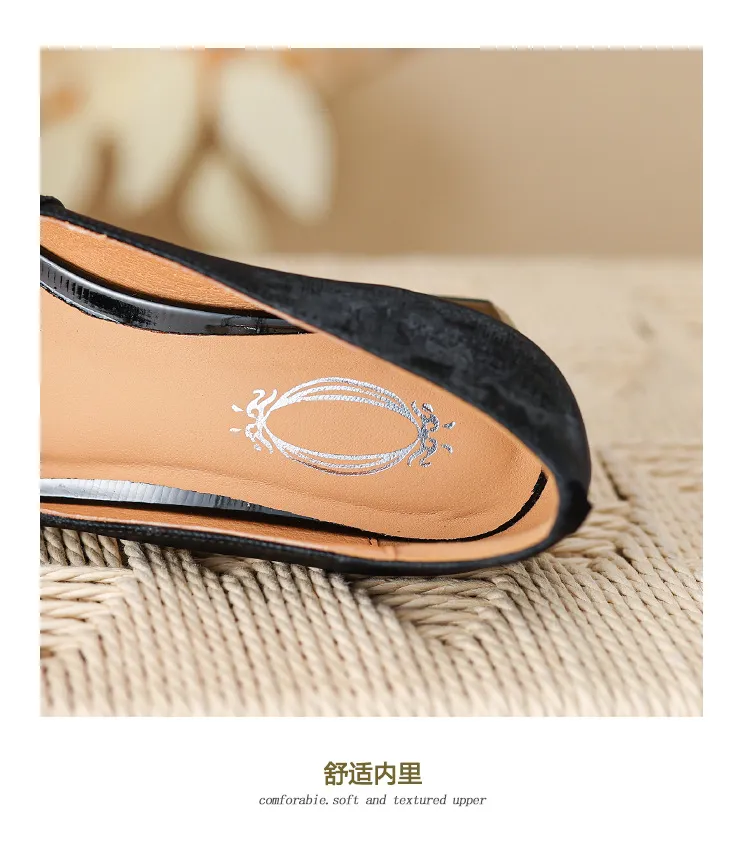 Spring and Autumn Low-Cut Square Toe Chunky Heel High Heel Rhinestone Square Buckle Cowhide Women's Shoes