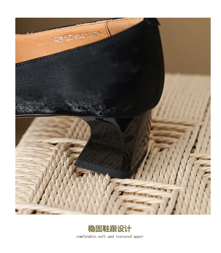 Spring and Autumn Low-Cut Square Toe Chunky Heel High Heel Rhinestone Square Buckle Cowhide Women's Shoes