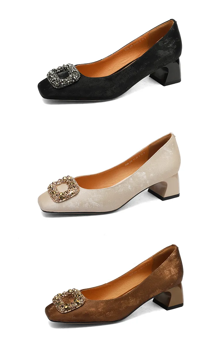 Spring and Autumn Low-Cut Square Toe Chunky Heel High Heel Rhinestone Square Buckle Cowhide Women's Shoes