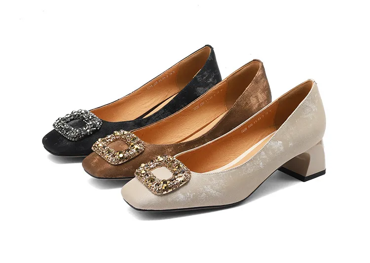 Spring and Autumn Low-Cut Square Toe Chunky Heel High Heel Rhinestone Square Buckle Cowhide Women's Shoes