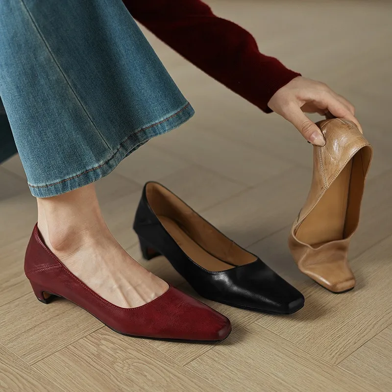 Autumn low-cut square-toe chunky heel high-heeled cowhide fashion shoes for women