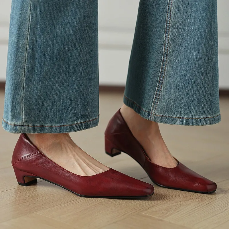 Autumn low-cut square-toe chunky heel high-heeled cowhide fashion shoes for women