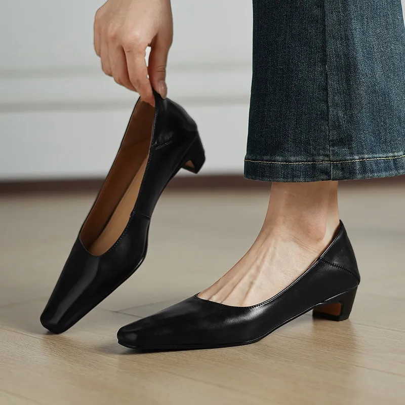 Autumn low-cut square-toe chunky heel high-heeled cowhide fashion shoes for women