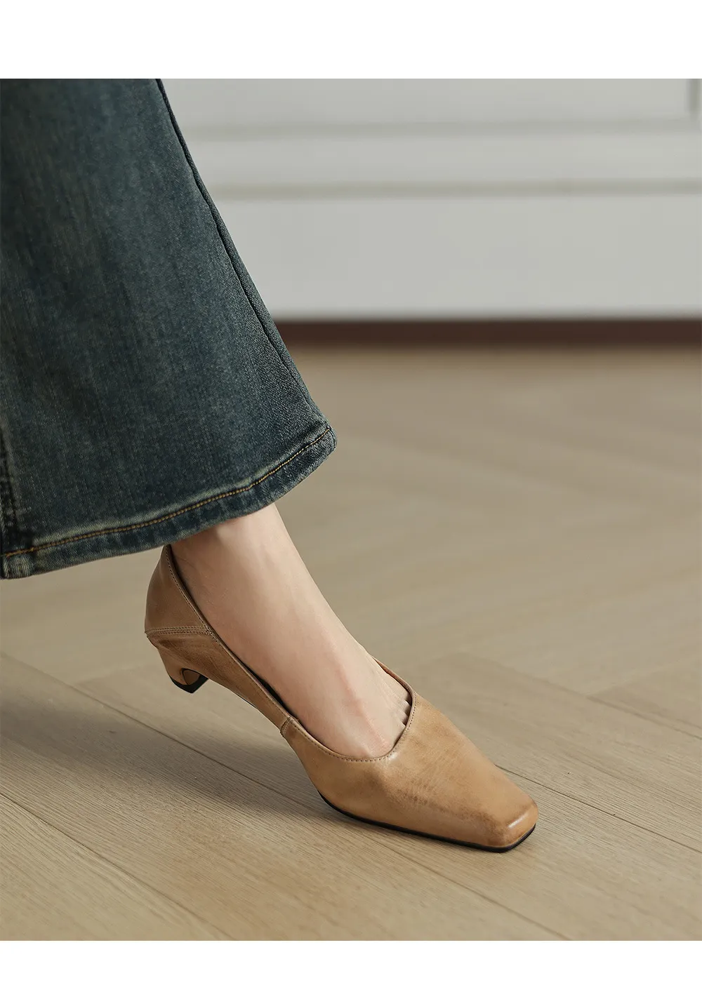 Autumn low-cut square-toe chunky heel high-heeled cowhide fashion shoes for women