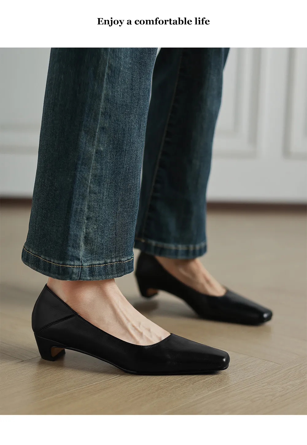 Autumn low-cut square-toe chunky heel high-heeled cowhide fashion shoes for women