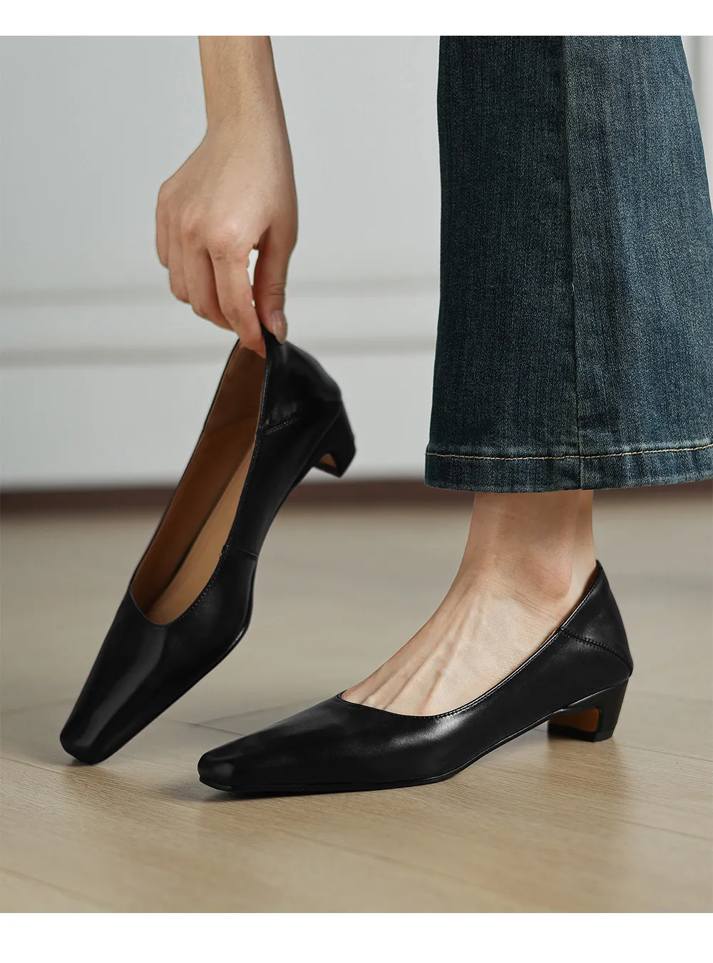 Autumn low-cut square-toe chunky heel high-heeled cowhide fashion shoes for women