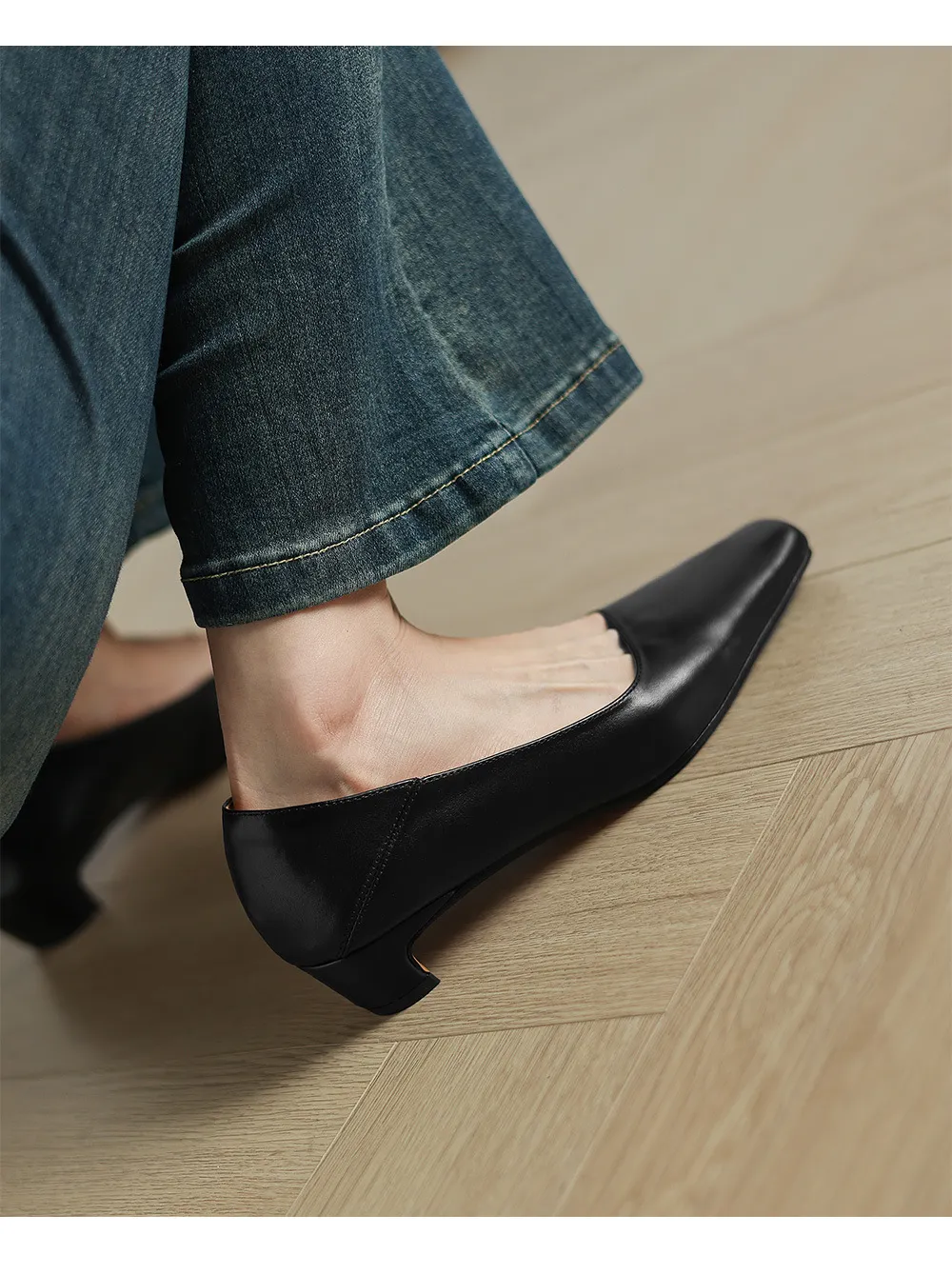 Autumn low-cut square-toe chunky heel high-heeled cowhide fashion shoes for women