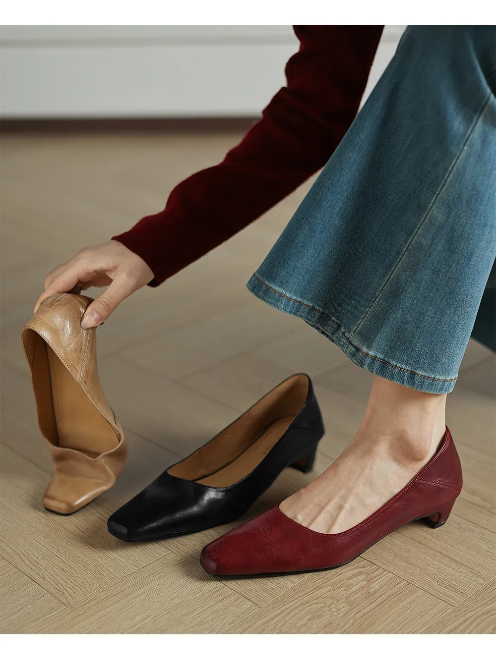 Autumn low-cut square-toe chunky heel high-heeled cowhide fashion shoes for women