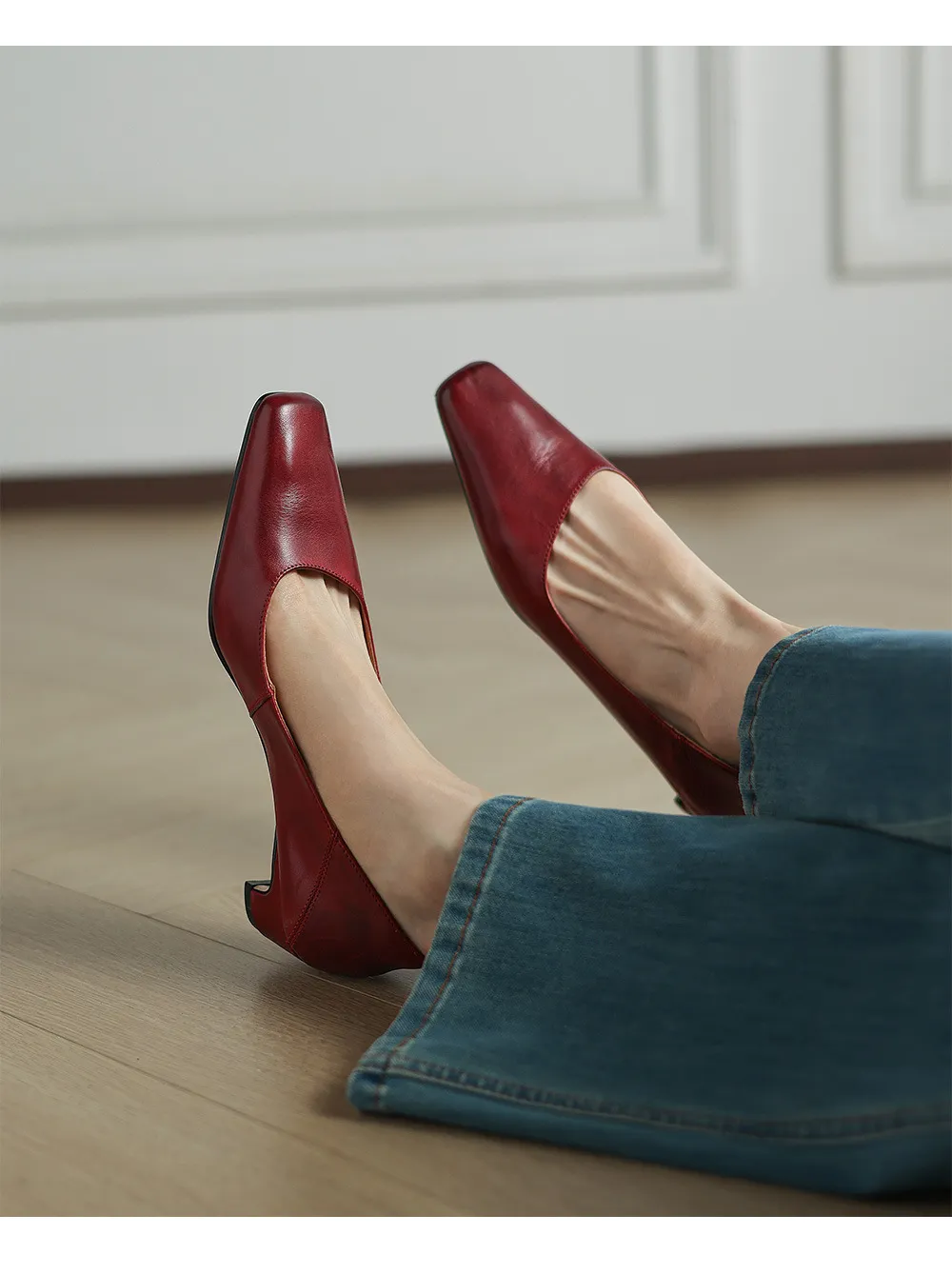 Autumn low-cut square-toe chunky heel high-heeled cowhide fashion shoes for women