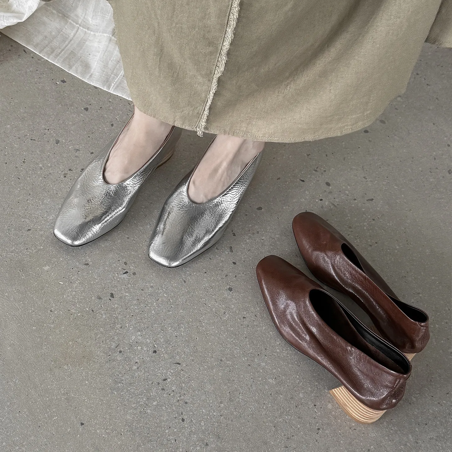 Autumn square-toe low-cut slip-on fashion shoes with chunky heels and cowhide leather.