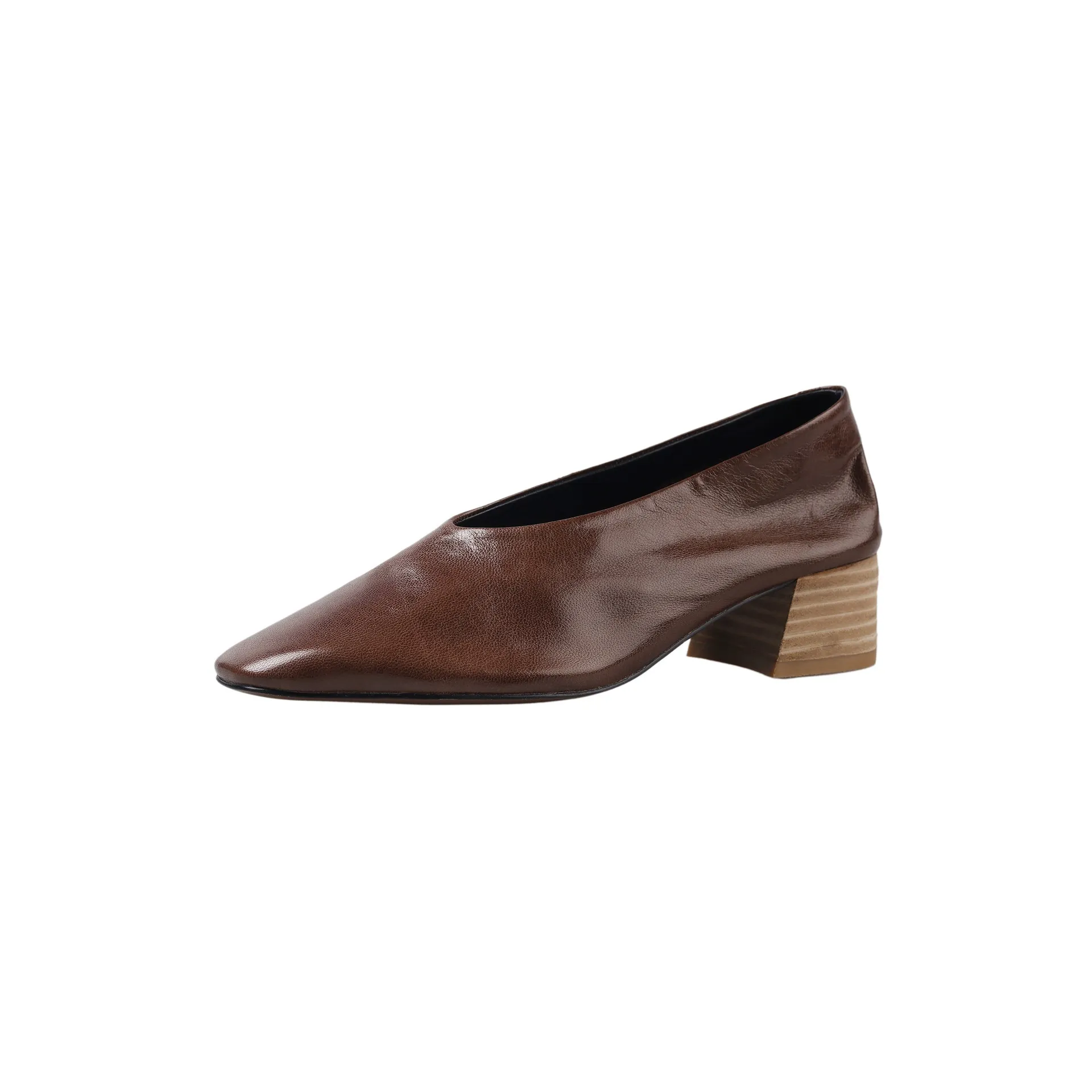 Autumn square-toe low-cut slip-on fashion shoes with chunky heels and cowhide leather.