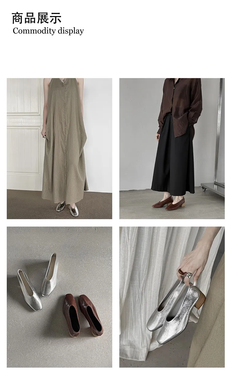Autumn square-toe low-cut slip-on fashion shoes with chunky heels and cowhide leather.