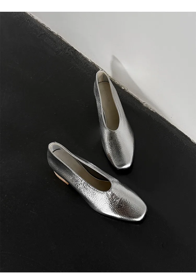 Autumn square-toe low-cut slip-on fashion shoes with chunky heels and cowhide leather.