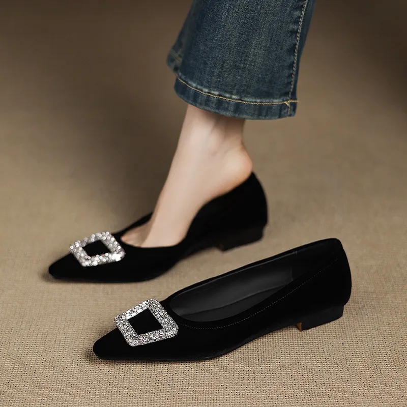 Autumn flat pointed toe low-cut single shoes with rhinestone square buckle suede slip-on shoes
