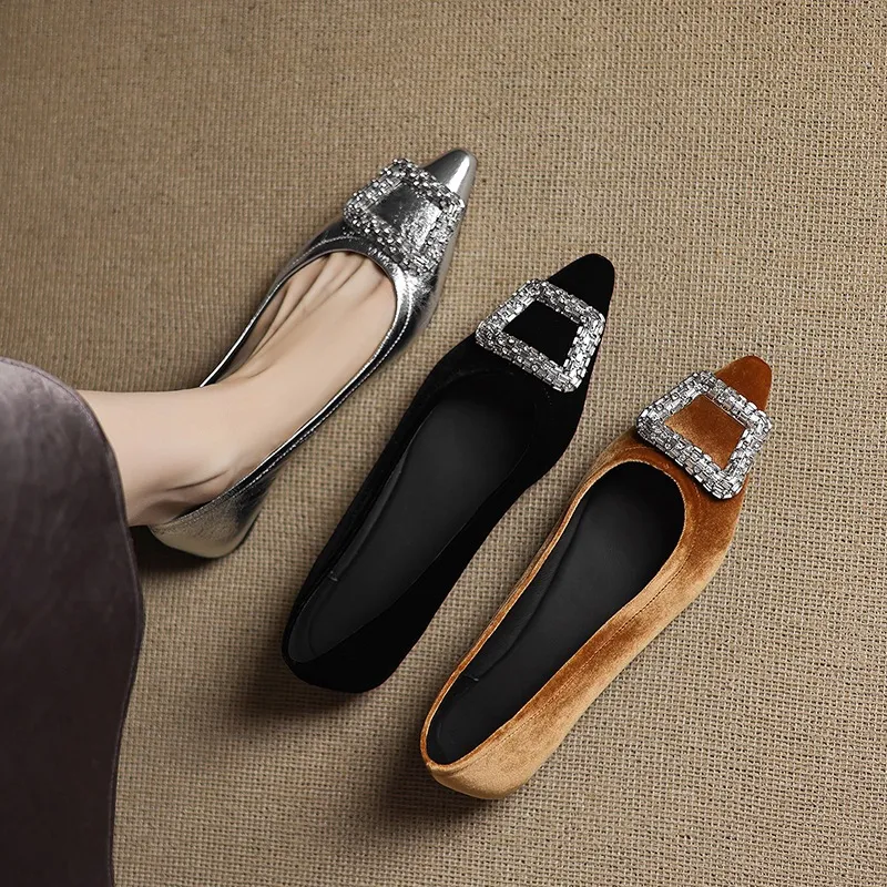 Autumn flat pointed toe low-cut single shoes with rhinestone square buckle suede slip-on shoes