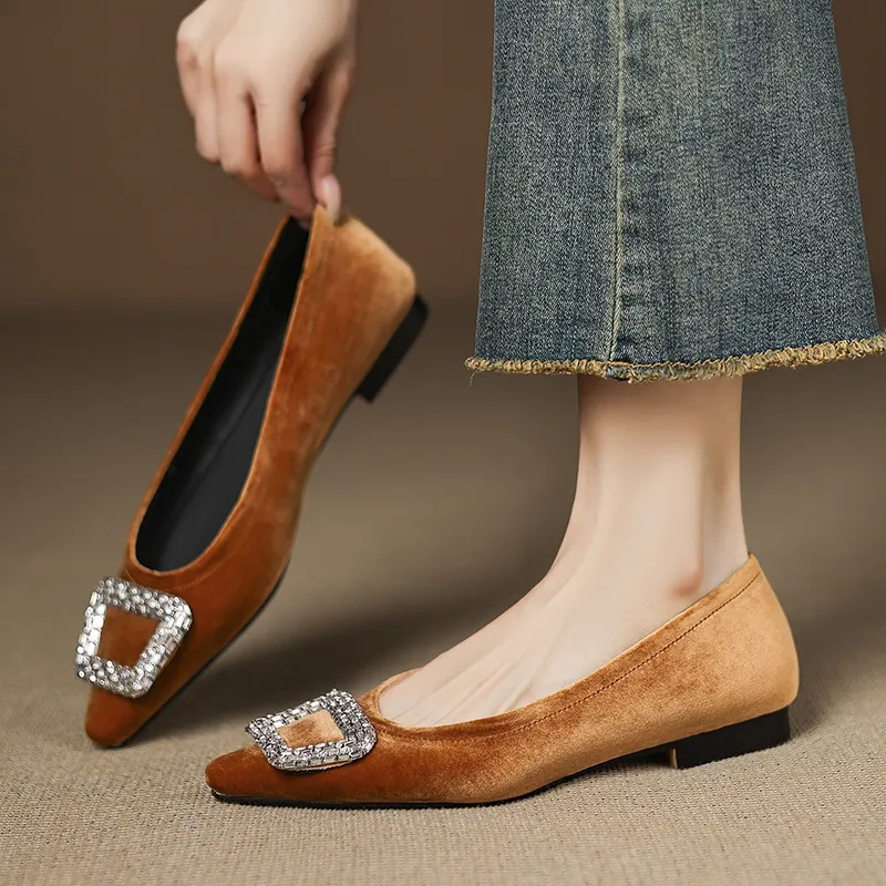 Autumn flat pointed toe low-cut single shoes with rhinestone square buckle suede slip-on shoes