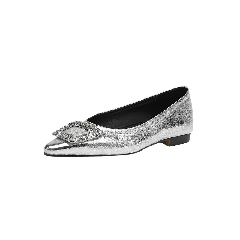 Autumn flat pointed toe low-cut single shoes with rhinestone square buckle suede slip-on shoes