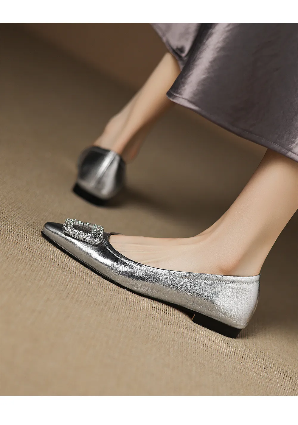 Autumn flat pointed toe low-cut single shoes with rhinestone square buckle suede slip-on shoes