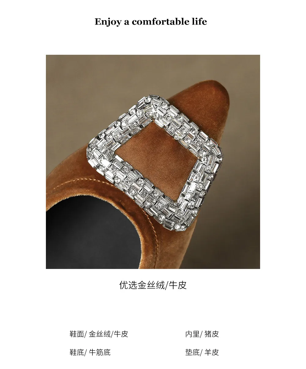 Autumn flat pointed toe low-cut single shoes with rhinestone square buckle suede slip-on shoes