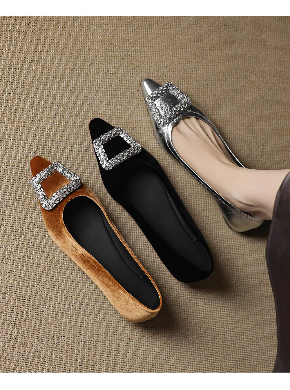 Autumn flat pointed toe low-cut single shoes with rhinestone square buckle suede slip-on shoes
