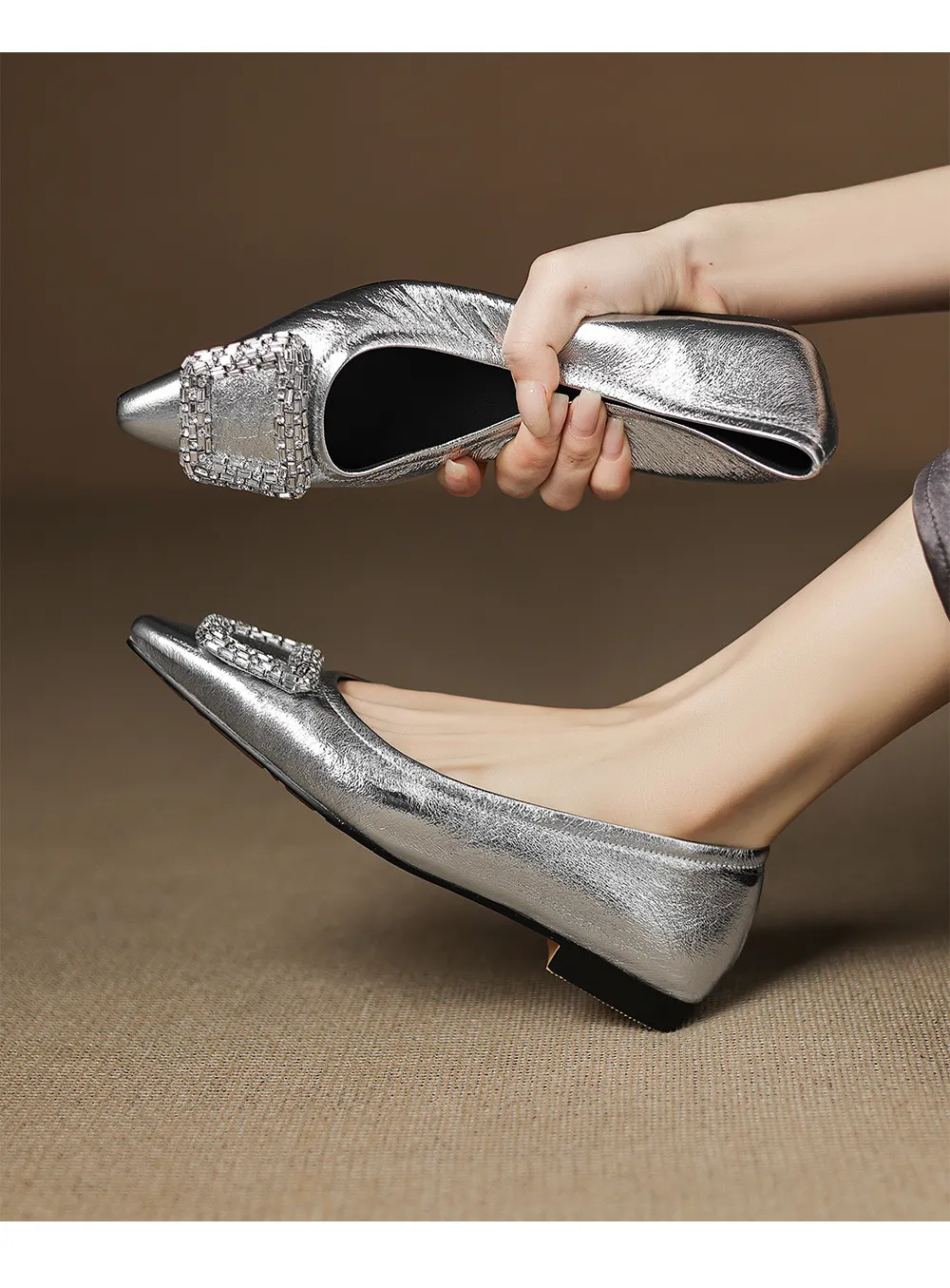 Autumn flat pointed toe low-cut single shoes with rhinestone square buckle suede slip-on shoes