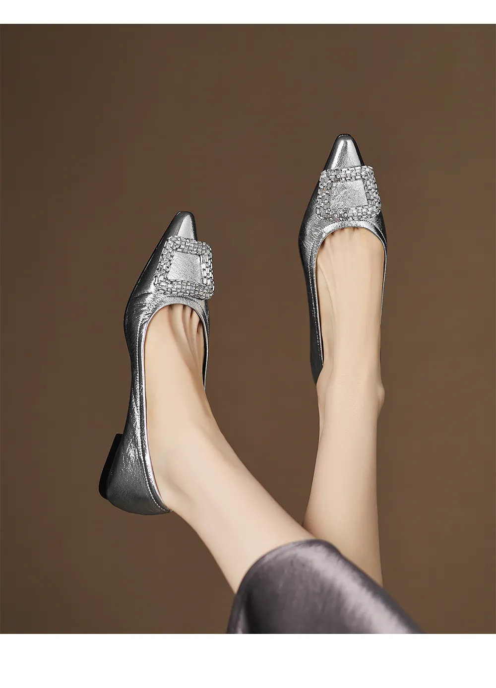 Autumn flat pointed toe low-cut single shoes with rhinestone square buckle suede slip-on shoes