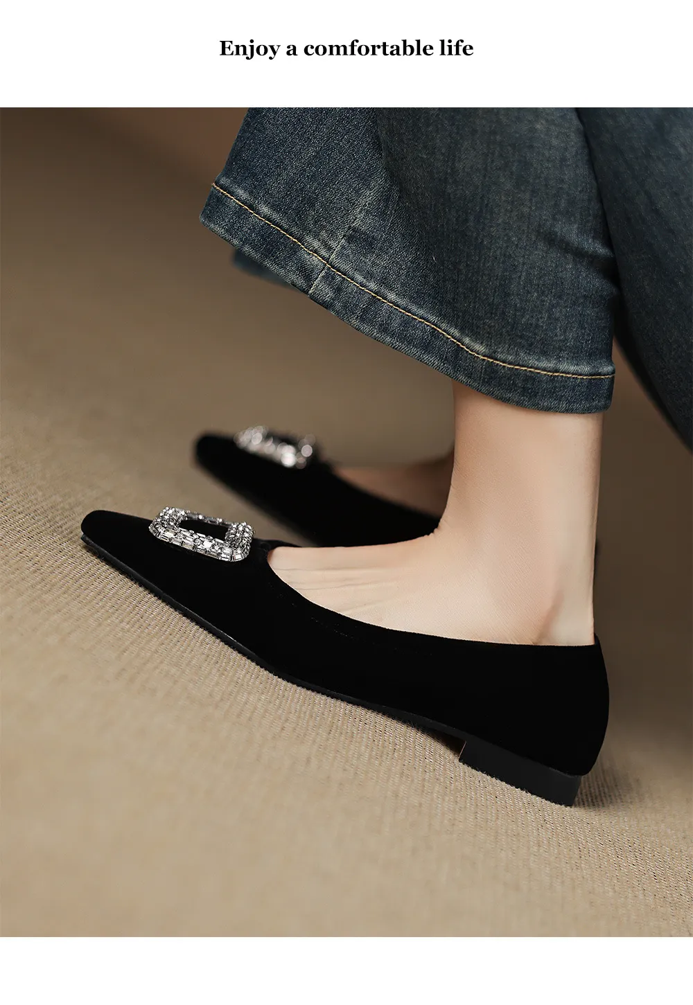 Autumn flat pointed toe low-cut single shoes with rhinestone square buckle suede slip-on shoes