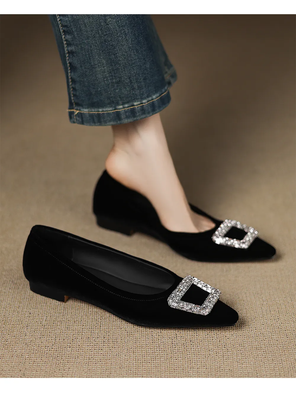 Autumn flat pointed toe low-cut single shoes with rhinestone square buckle suede slip-on shoes