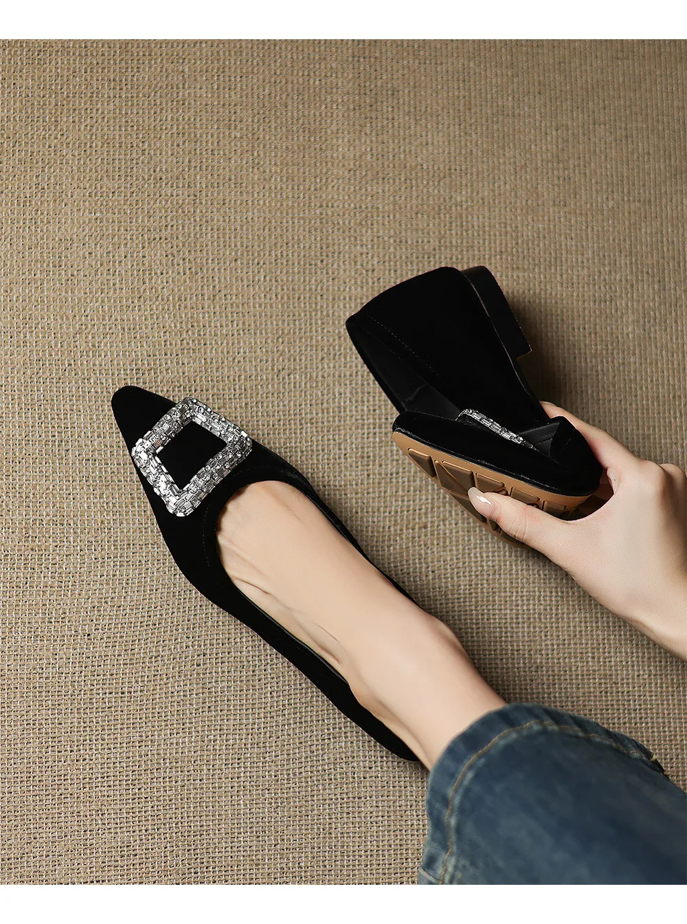 Autumn flat pointed toe low-cut single shoes with rhinestone square buckle suede slip-on shoes