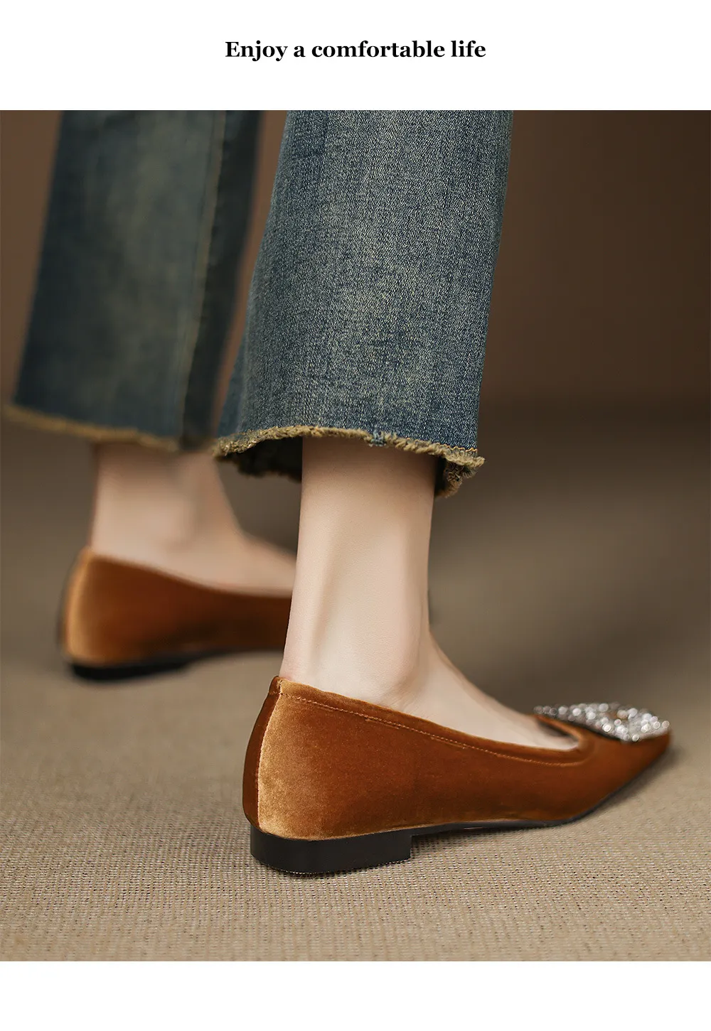 Autumn flat pointed toe low-cut single shoes with rhinestone square buckle suede slip-on shoes