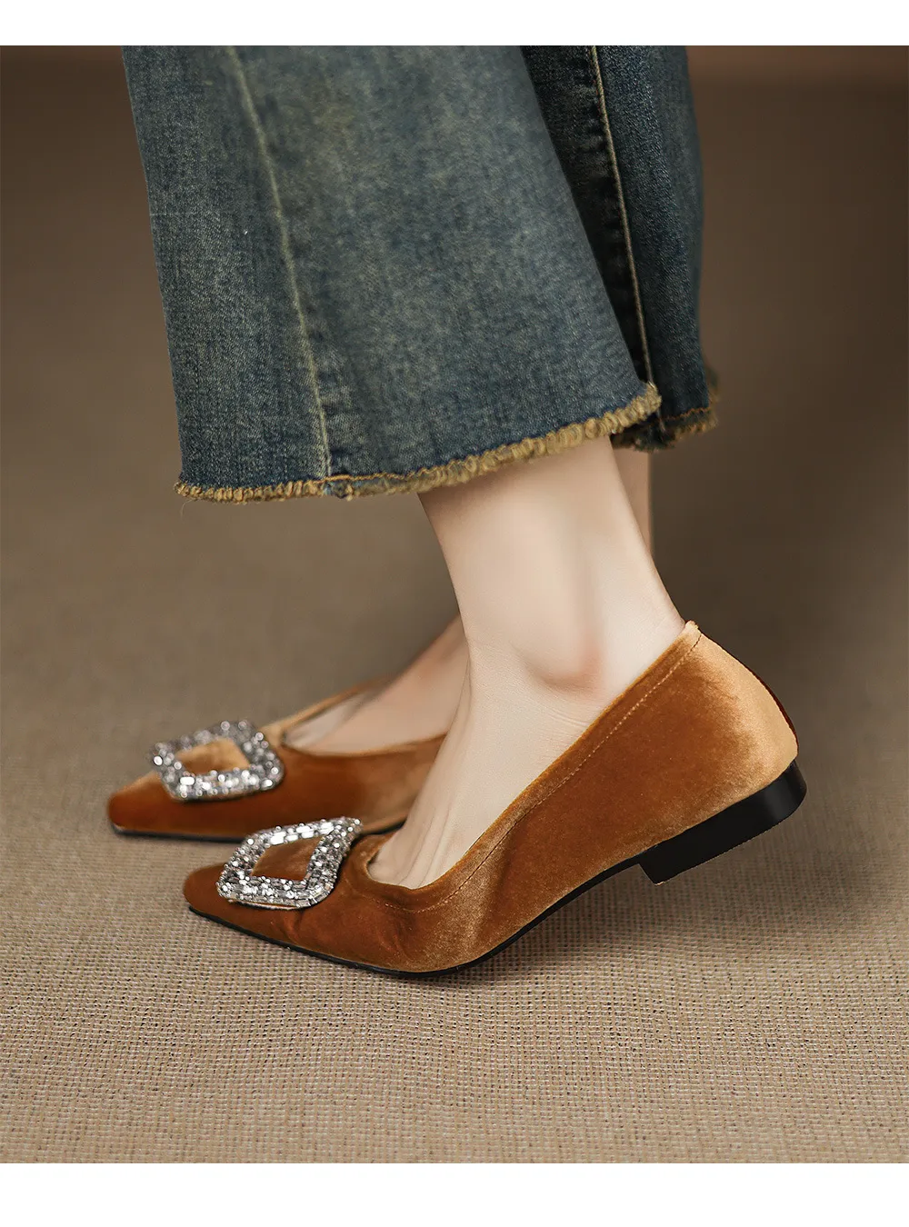 Autumn flat pointed toe low-cut single shoes with rhinestone square buckle suede slip-on shoes