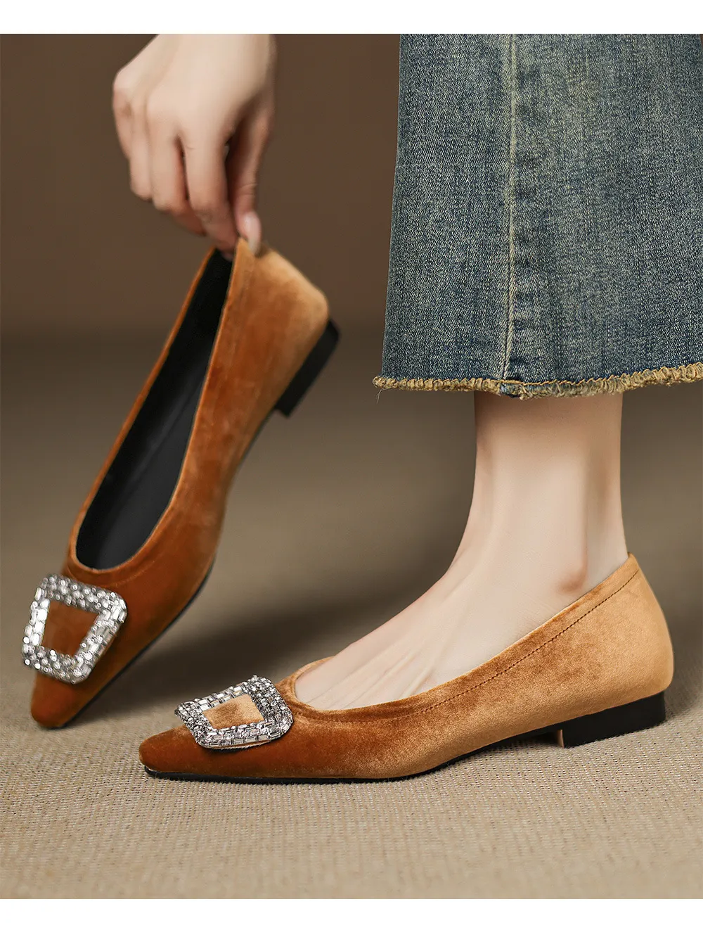 Autumn flat pointed toe low-cut single shoes with rhinestone square buckle suede slip-on shoes
