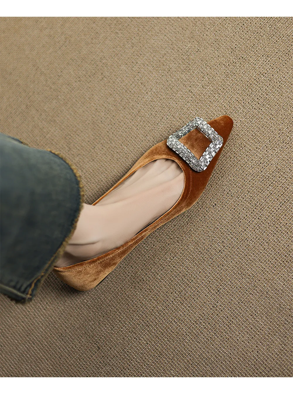 Autumn flat pointed toe low-cut single shoes with rhinestone square buckle suede slip-on shoes