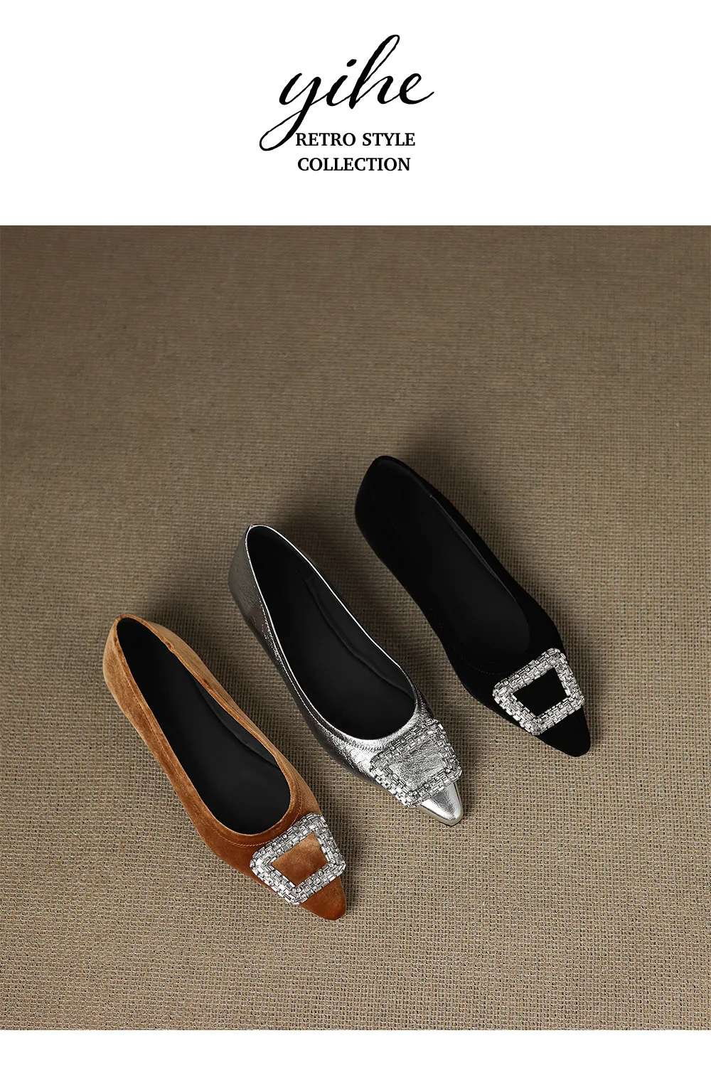Autumn flat pointed toe low-cut single shoes with rhinestone square buckle suede slip-on shoes
