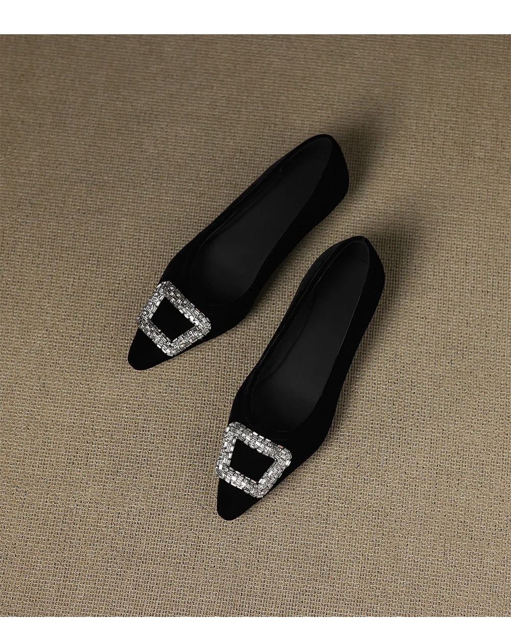 Autumn flat pointed toe low-cut single shoes with rhinestone square buckle suede slip-on shoes